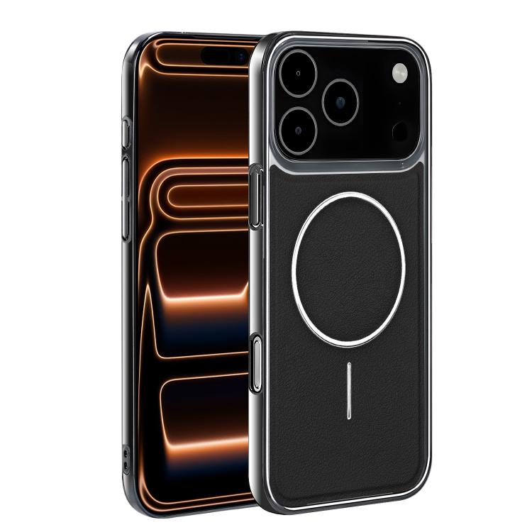 For iPhone 17 Pro Max Electroplated Frame Vegan Leather Magnetic Shockproof Phone Case(Black)