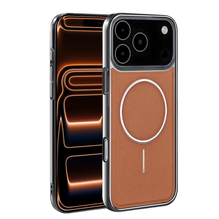 For iPhone 17 Pro Max Electroplated Frame Vegan Leather Magnetic Shockproof Phone Case(Brown)