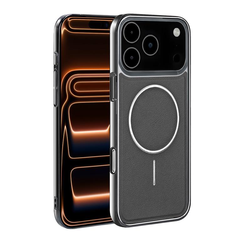 For iPhone 17 Pro Max Electroplated Frame Vegan Leather Magnetic Shockproof Phone Case(Gray)