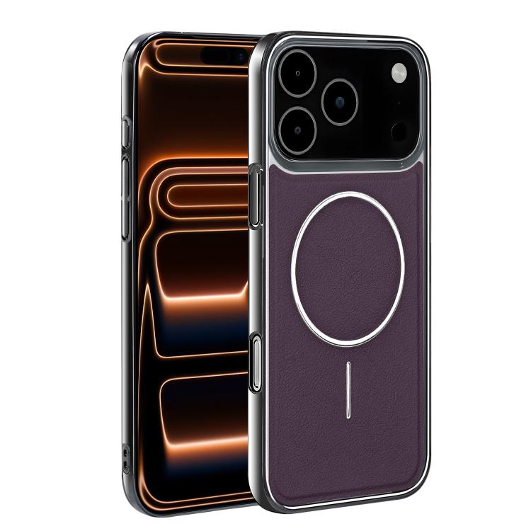 For iPhone 17 Pro Max Electroplated Frame Vegan Leather Magnetic Shockproof Phone Case(Purple)