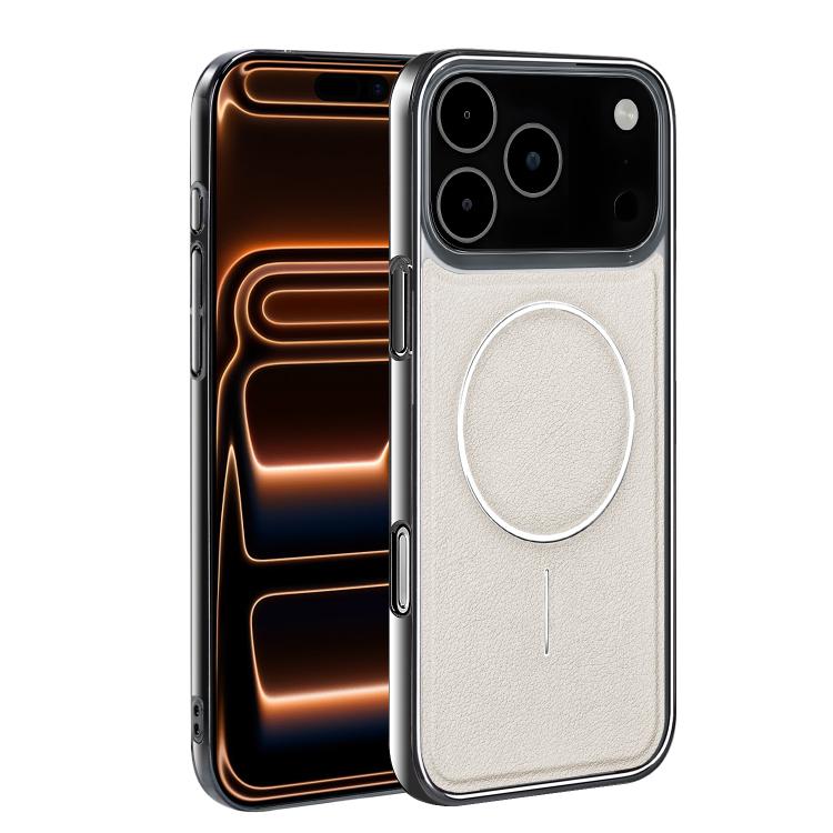 For iPhone 17 Pro Max Electroplated Frame Vegan Leather Magnetic Shockproof Phone Case(White)