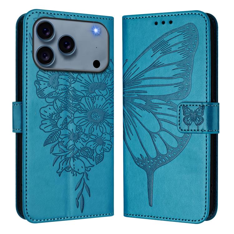 For iPhone 17 Pro Max Embossed Butterfly Leather Phone Case(Blue)