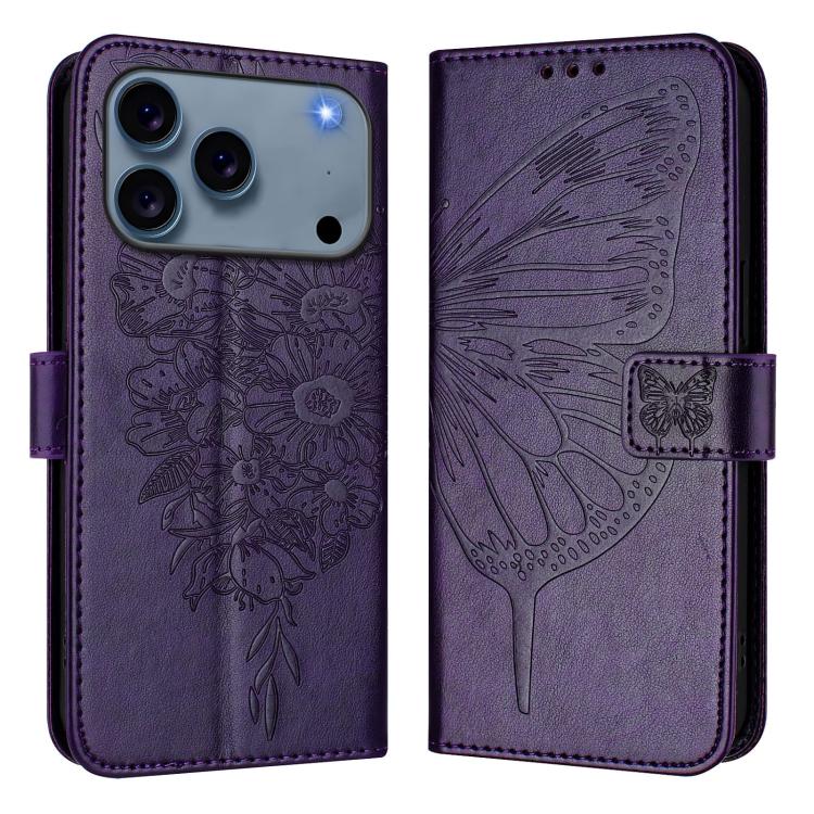 For iPhone 17 Pro Max Embossed Butterfly Leather Phone Case(Dark Purple)
