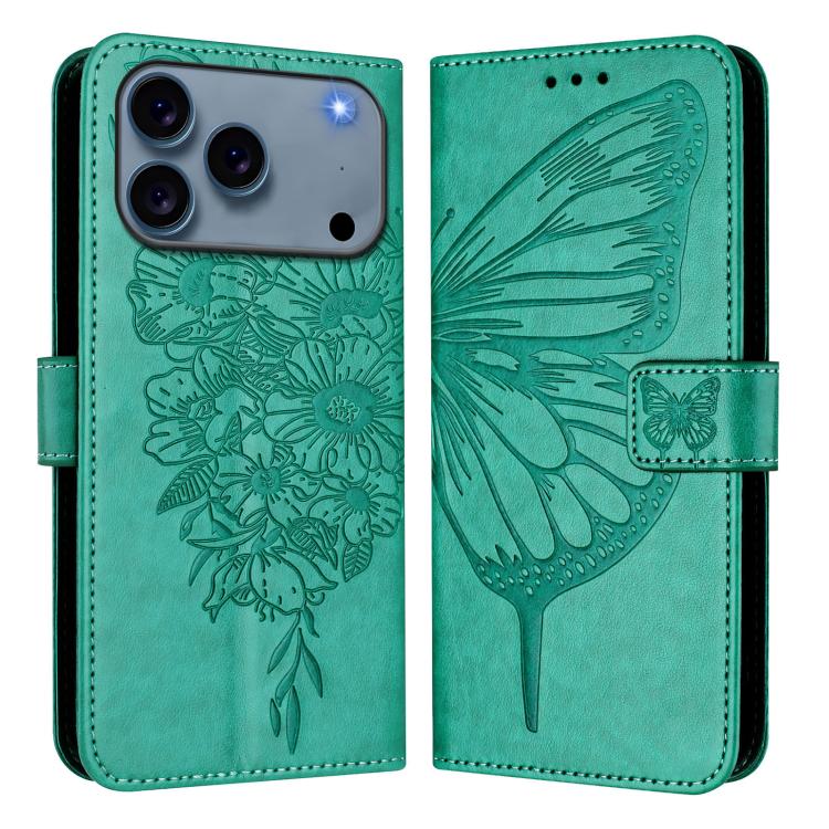For iPhone 17 Pro Max Embossed Butterfly Leather Phone Case(Green)