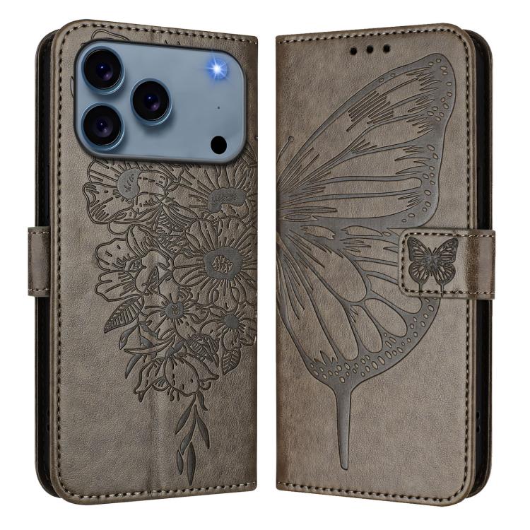 For iPhone 17 Pro Max Embossed Butterfly Leather Phone Case(Grey)