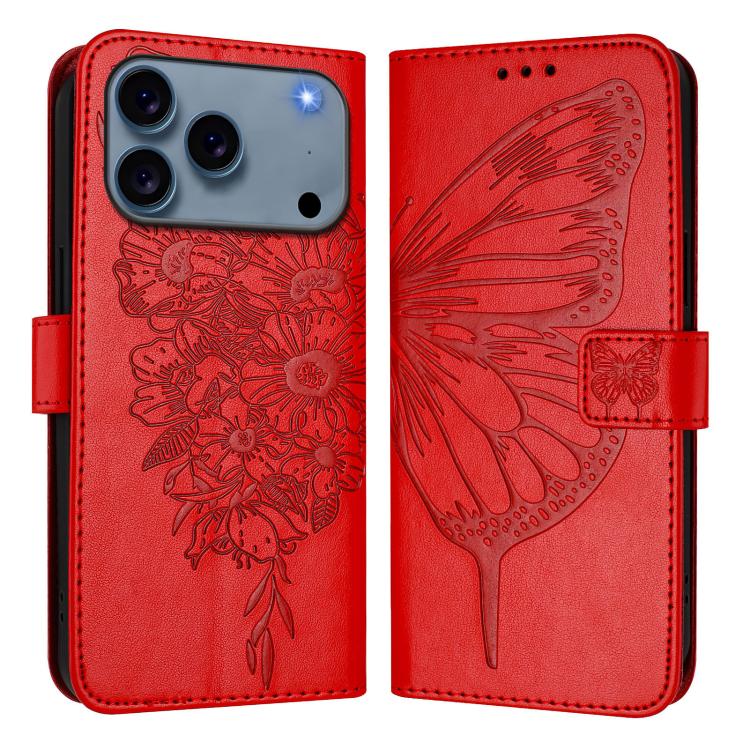 For iPhone 17 Pro Max Embossed Butterfly Leather Phone Case(Red)