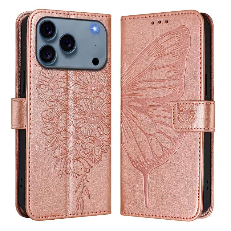 For iPhone 17 Pro Max Embossed Butterfly Leather Phone Case(Rose Gold)