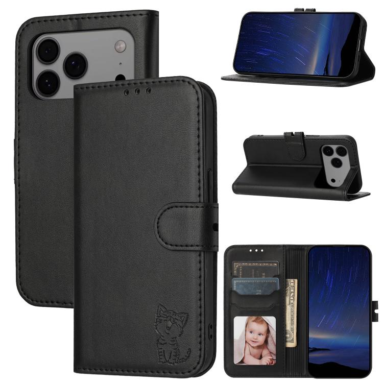 For iPhone 17 Pro Max Embossed Happy Cat Pattern Flip Leather Phone Case(Black)