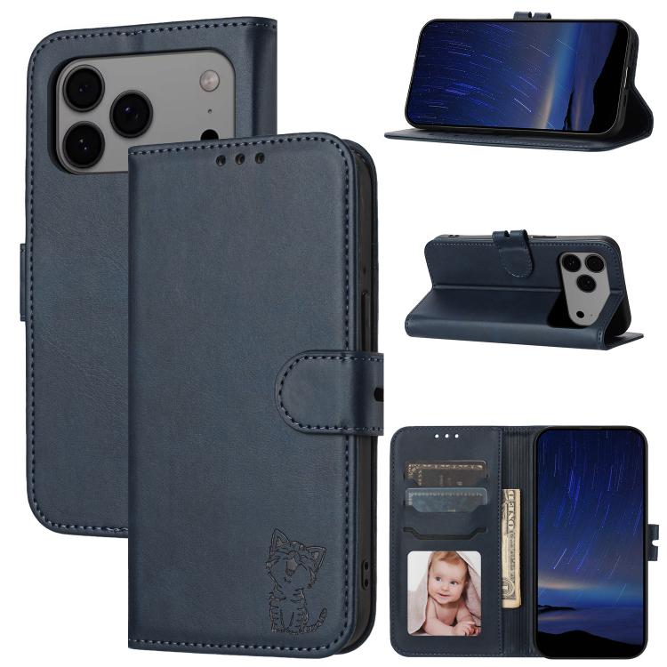 For iPhone 17 Pro Max Embossed Happy Cat Pattern Flip Leather Phone Case(Blue)