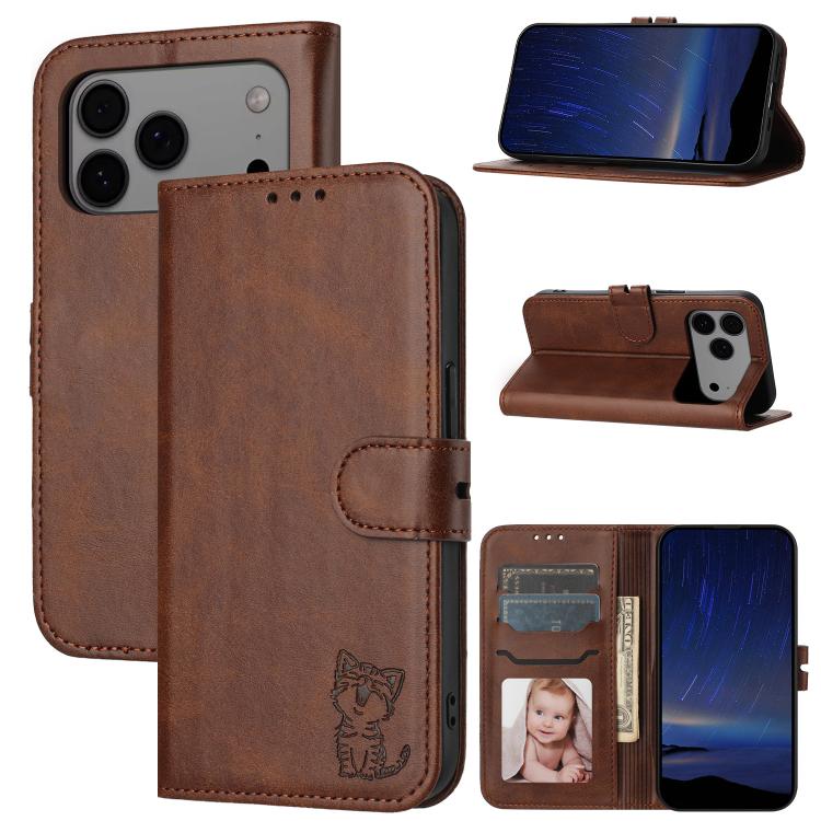 For iPhone 17 Pro Max Embossed Happy Cat Pattern Flip Leather Phone Case(Brown)