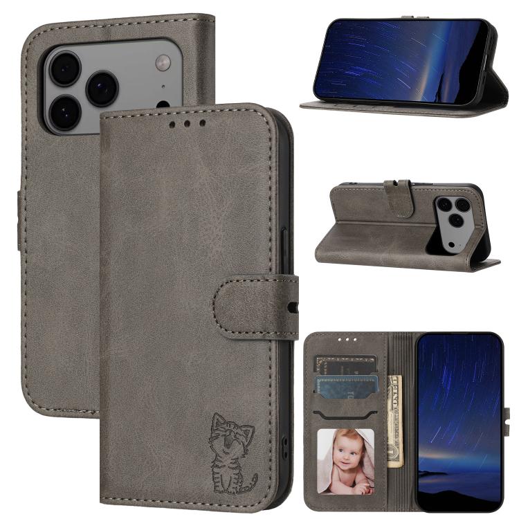 For iPhone 17 Pro Max Embossed Happy Cat Pattern Flip Leather Phone Case(Grey)