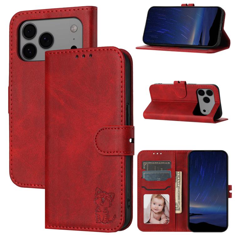 For iPhone 17 Pro Max Embossed Happy Cat Pattern Flip Leather Phone Case(Red)