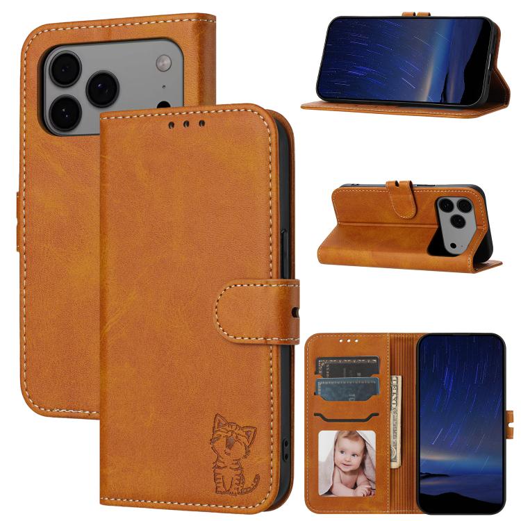 For iPhone 17 Pro Max Embossed Happy Cat Pattern Flip Leather Phone Case(Yellow)