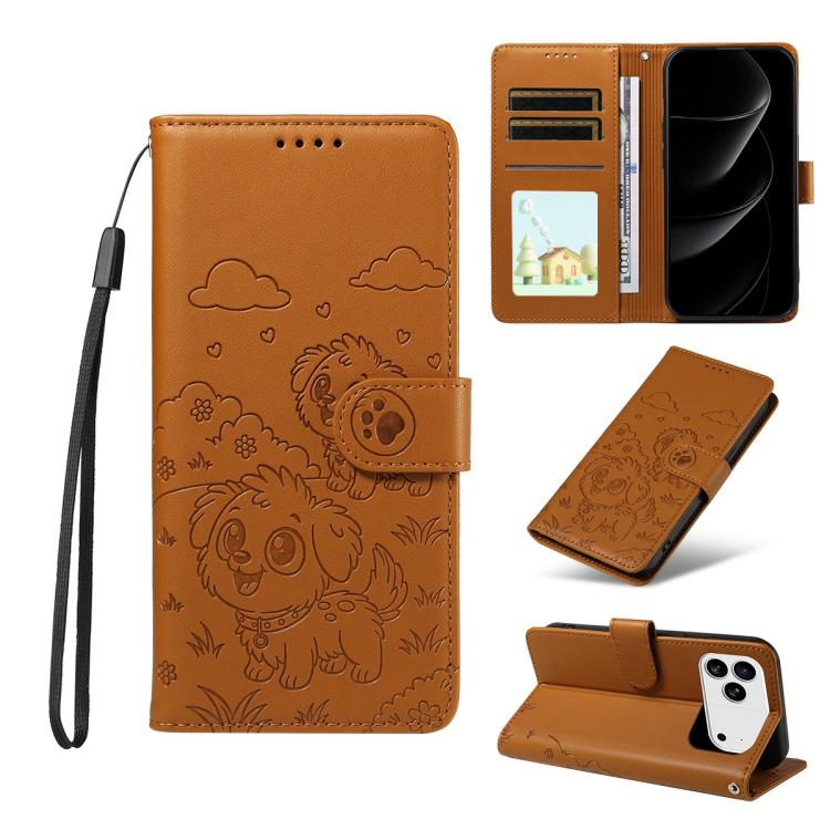 For iPhone 17 Pro Max Embossed Heart Dog RFID Blocking Wallet Leather Phone Case(Brown)