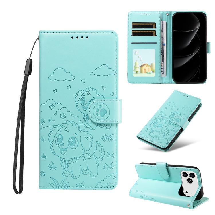 For iPhone 17 Pro Max Embossed Heart Dog RFID Blocking Wallet Leather Phone Case(Green)