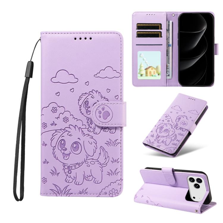 For iPhone 17 Pro Max Embossed Heart Dog RFID Blocking Wallet Leather Phone Case(Purple)