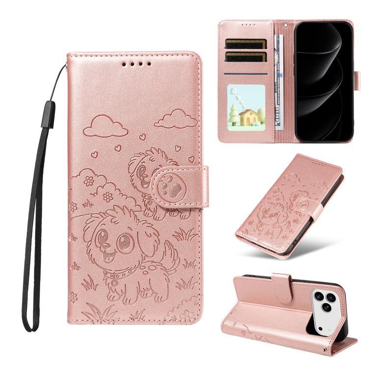 For iPhone 17 Pro Max Embossed Heart Dog RFID Blocking Wallet Leather Phone Case(Rose Gold)