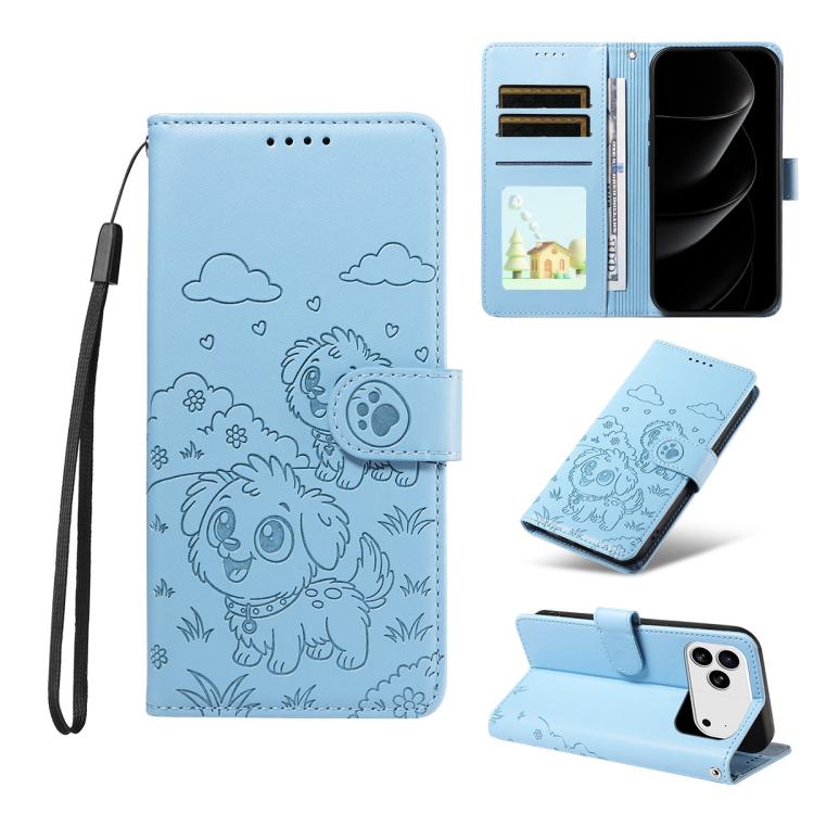 For iPhone 17 Pro Max Embossed Heart Dog RFID Blocking Wallet Leather Phone Case(Sky Blue)