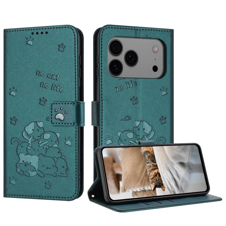 For iPhone 17 Pro Max Embossed Kitten Phone Leather Case with Lanyard(Dark Green)