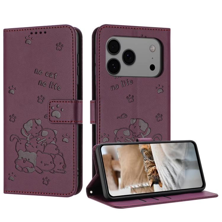 For iPhone 17 Pro Max Embossed Kitten Phone Leather Case with Lanyard(Wine Red)