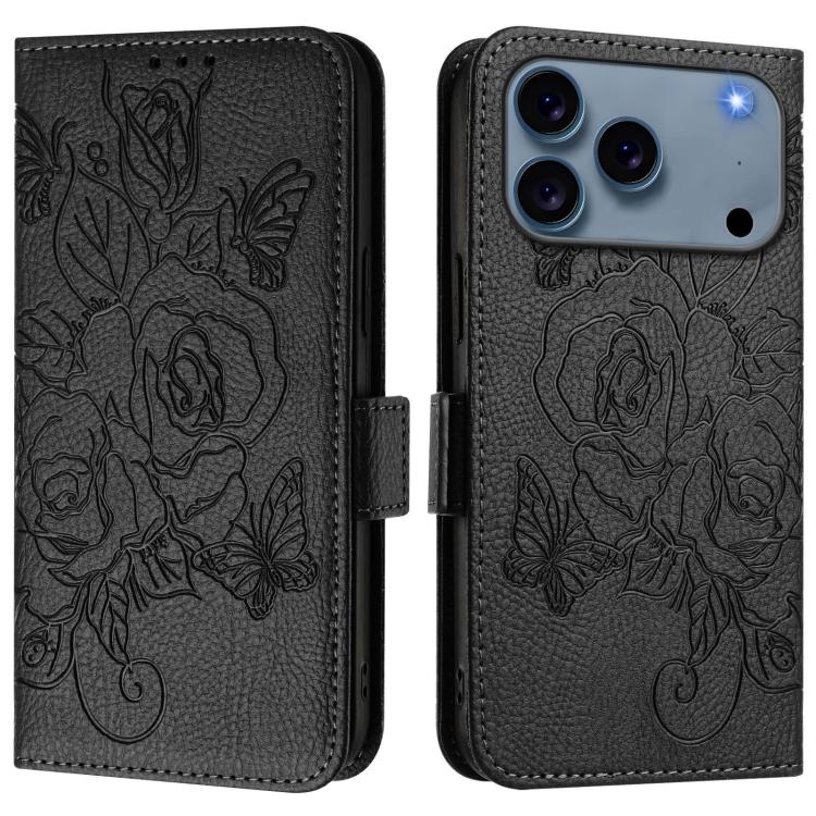 For iPhone 17 Pro Max Embossed Rose RFID Anti-theft Leather Phone Case(Black)