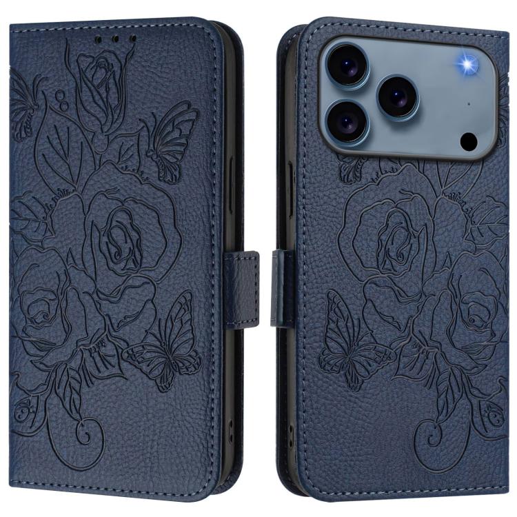 For iPhone 17 Pro Max Embossed Rose RFID Anti-theft Leather Phone Case(Dark Blue)