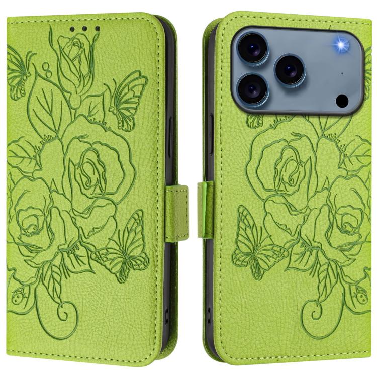 For iPhone 17 Pro Max Embossed Rose RFID Anti-theft Leather Phone Case(Green)