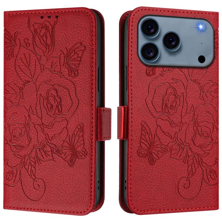 For iPhone 17 Pro Max Embossed Rose RFID Anti-theft Leather Phone Case(Red)