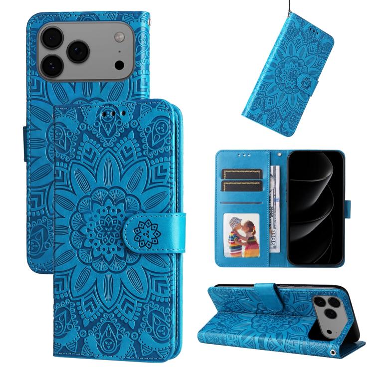 For iPhone 17 Pro Max Embossed Sunflower Leather Phone Case(Blue)