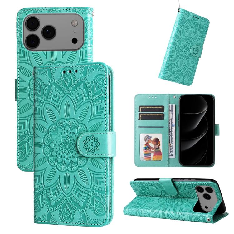 For iPhone 17 Pro Max Embossed Sunflower Leather Phone Case(Green)