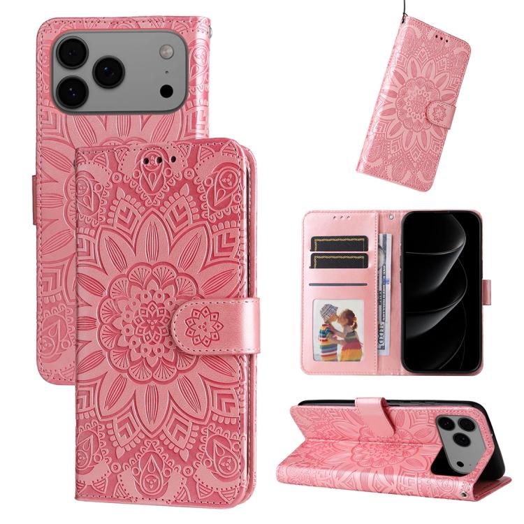 For iPhone 17 Pro Max Embossed Sunflower Leather Phone Case(Pink)