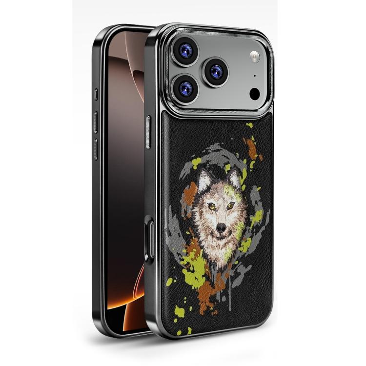 For iPhone 17 Pro Max Embroidered Graffiti Vegan Leather Shield Electroplated Magnetic Phone Case(Black)