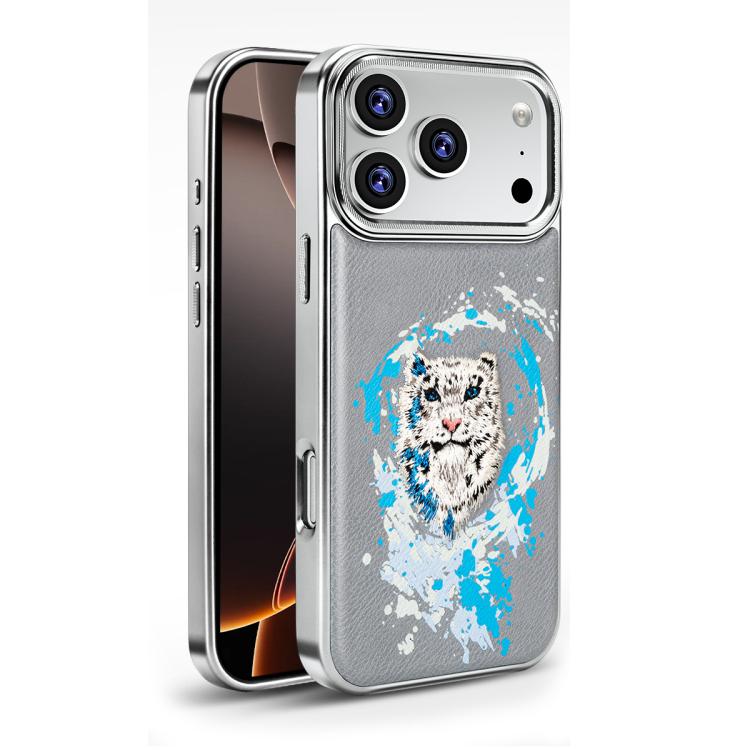For iPhone 17 Pro Max Embroidered Graffiti Vegan Leather Shield Electroplated Magnetic Phone Case(Grey)