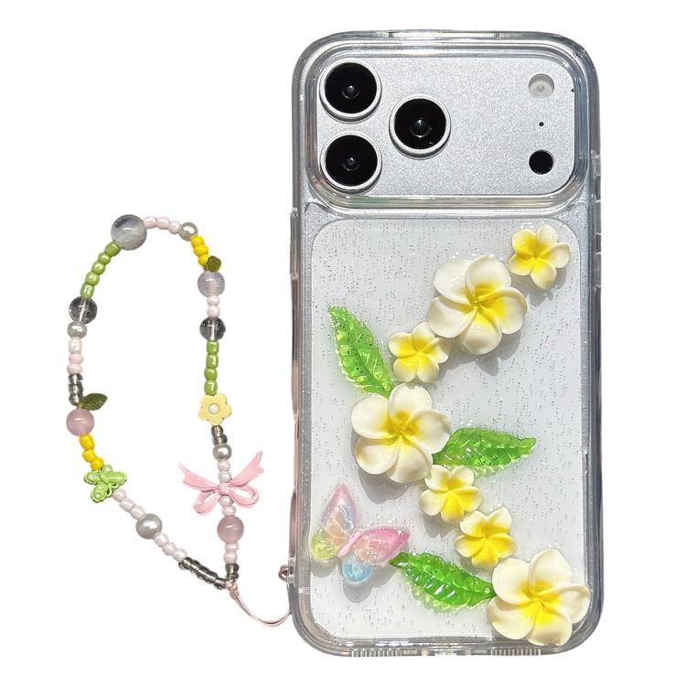 For iPhone 17 Pro Max Epoxy 3D Butterfly Plumeria Acrylic Phone Case with Wrist Chain(Transparent)