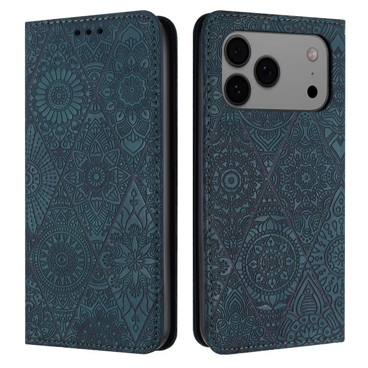 For iPhone 17 Pro Max Ethnic Embossed Adsorption Leather Phone Case(Blue)