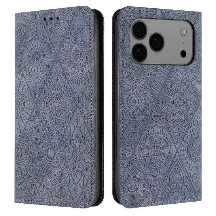 For iPhone 17 Pro Max Ethnic Embossed Adsorption Leather Phone Case(Grey)