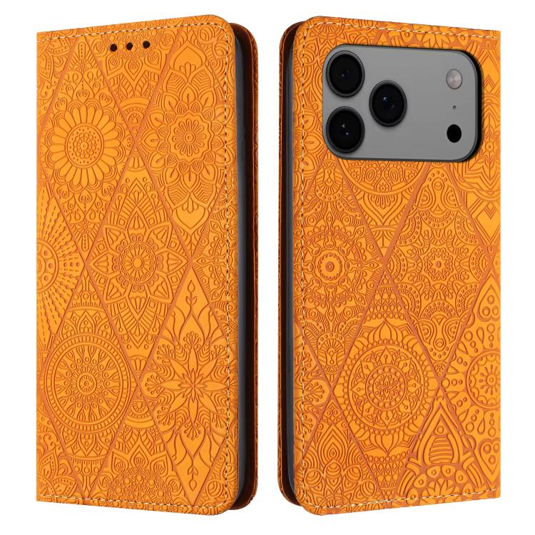 For iPhone 17 Pro Max Ethnic Embossed Adsorption Leather Phone Case(Yellow)