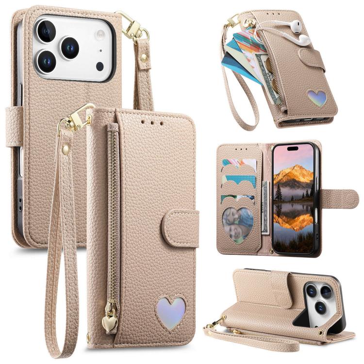 For iPhone 17 Pro Max Fantasy Love Heart Zipper Wallet Vegan Leather Phone Case with Strap(Beige)