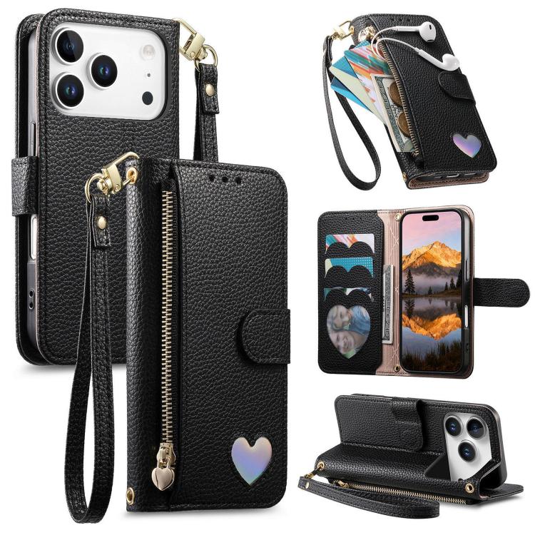 For iPhone 17 Pro Max Fantasy Love Heart Zipper Wallet Vegan Leather Phone Case with Strap(Black)