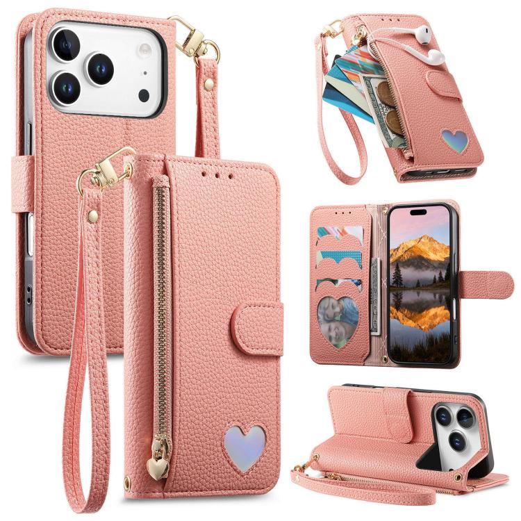 For iPhone 17 Pro Max Fantasy Love Heart Zipper Wallet Vegan Leather Phone Case with Strap(Pink)