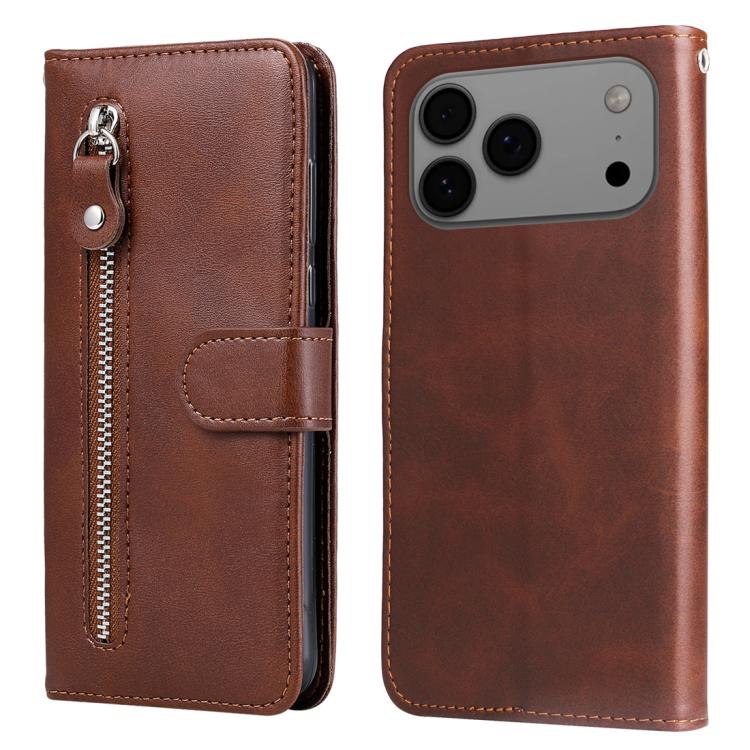For iPhone 17 Pro Max Fashion Calf Texture Zipper Leather Phone Case(Brown)