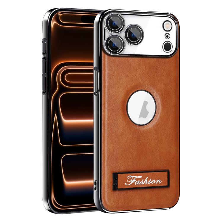 For iPhone 17 Pro Max Fashion Electroplated Fold Holder Shockproof Phone Case(Brown)