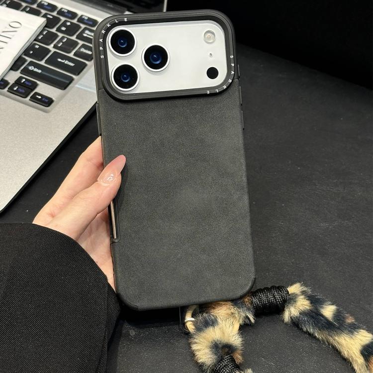 For iPhone 17 Pro Max Faux Suede Fabric TPU Phone Case with Screen-printed Rabbit Plush Rope(Black)