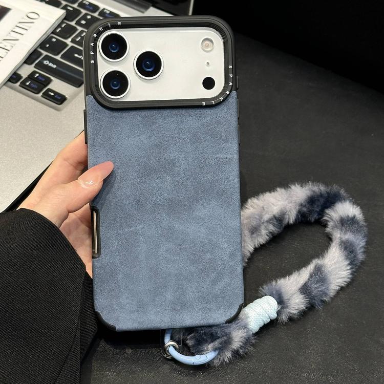 For iPhone 17 Pro Max Faux Suede Fabric TPU Phone Case with Screen-printed Rabbit Plush Rope(Blue)