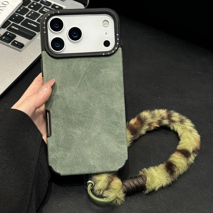For iPhone 17 Pro Max Faux Suede Fabric TPU Phone Case with Screen-printed Rabbit Plush Rope(Green)
