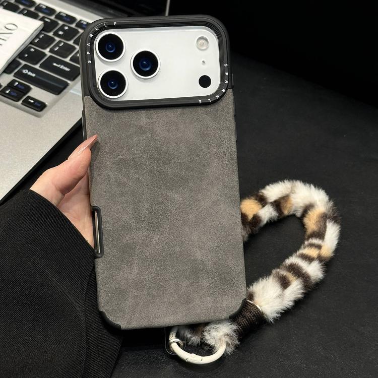 For iPhone 17 Pro Max Faux Suede Fabric TPU Phone Case with Screen-printed Rabbit Plush Rope(Grey)