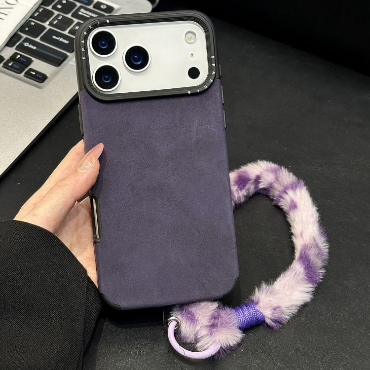 For iPhone 17 Pro Max Faux Suede Fabric TPU Phone Case with Screen-printed Rabbit Plush Rope(Purple)