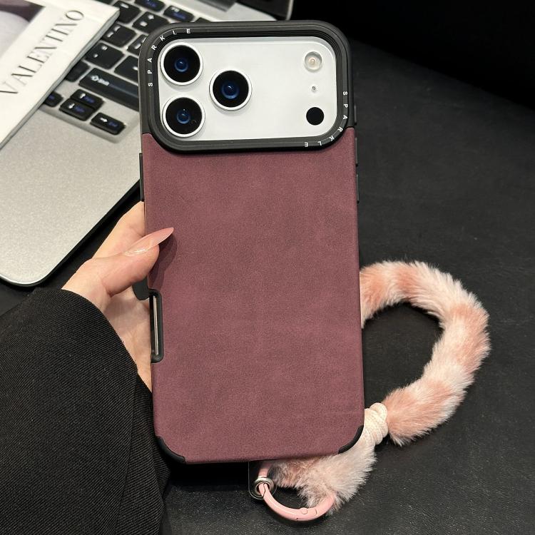 For iPhone 17 Pro Max Faux Suede Fabric TPU Phone Case with Screen-printed Rabbit Plush Rope(Red)