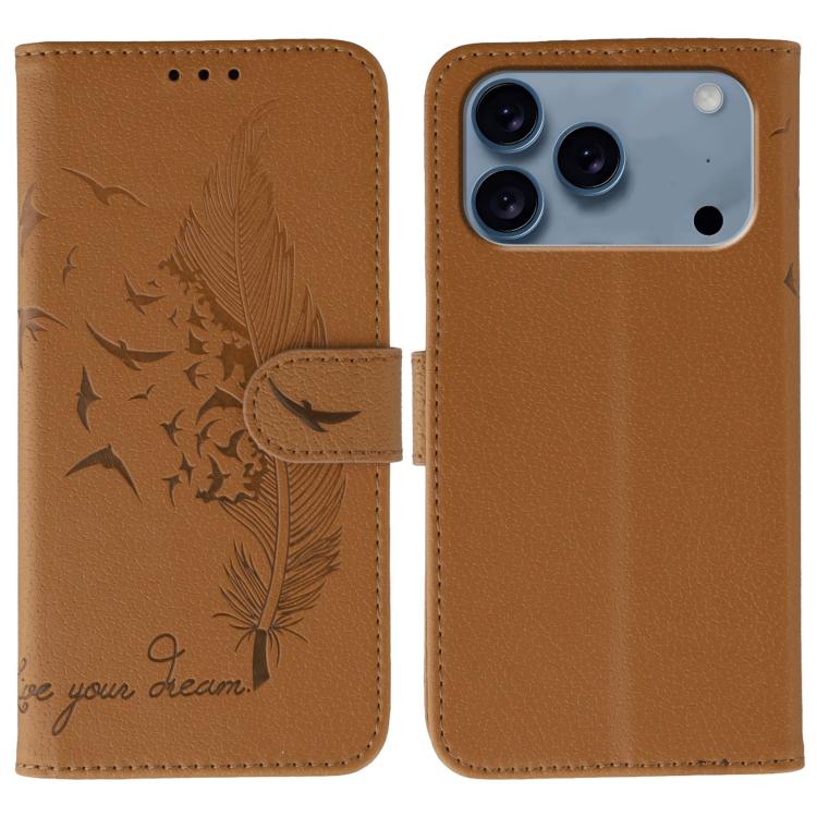 For iPhone 17 Pro Max Feather Pattern Litchi Texture Leather Phone Case(Brown)