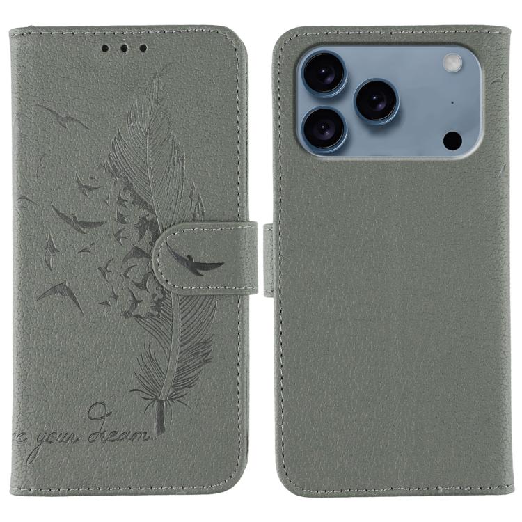 For iPhone 17 Pro Max Feather Pattern Litchi Texture Leather Phone Case(Gray)
